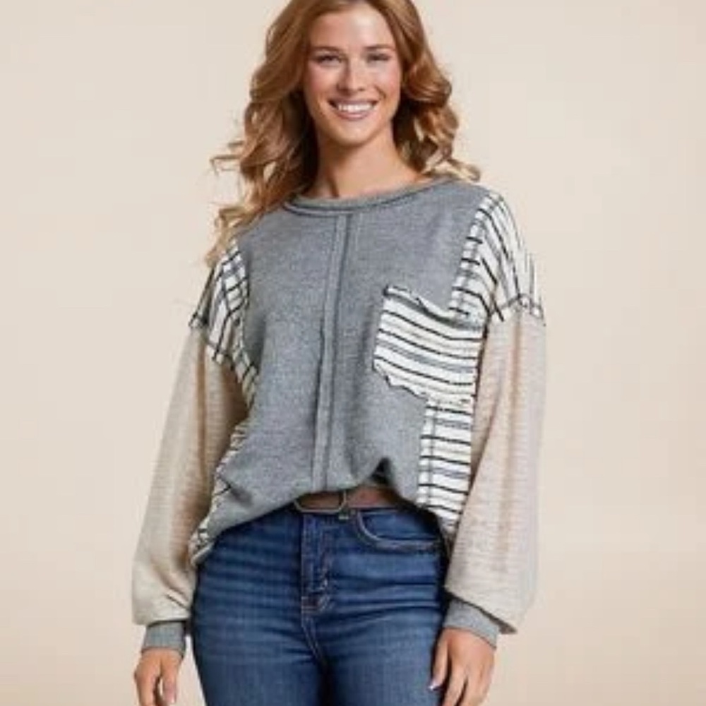 Gray and Cream Striped Patchwork Sweater